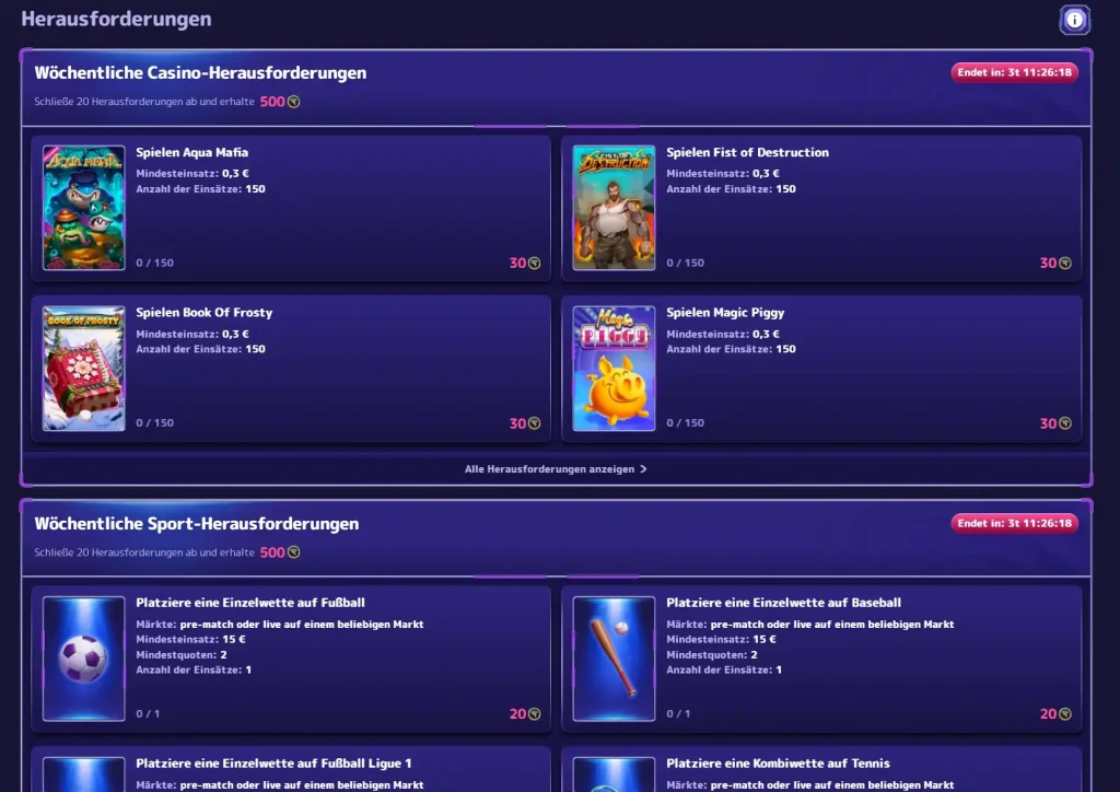 Alf Casino wöchentliche Herausforderungen mit Slot Missionen und Sportwetten Aufgaben